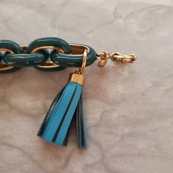 🦜 J.Crew Dark Jungle Green Enamel Jumbo Link Leather Tassel Bracelet 🦜 - Picture 2 of 5